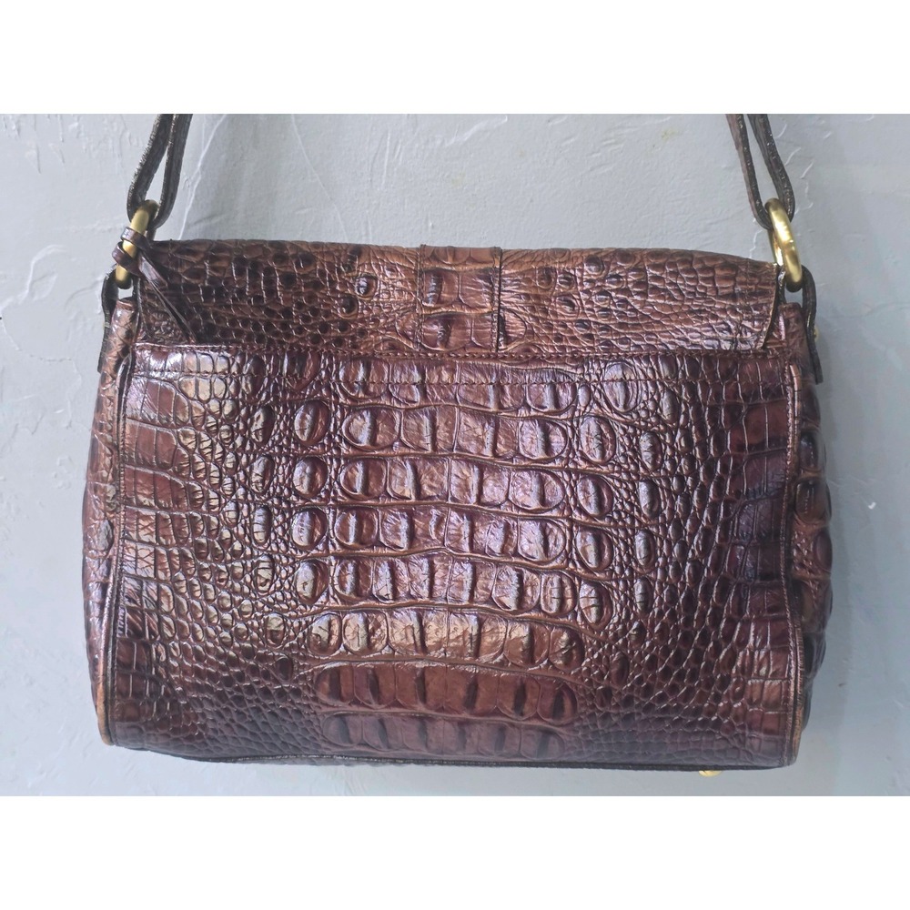 Brahmin Brown Crocodile Embossed Leather Flap Shoulder Bag Gold Logo Hardware - Picture 5 of 14